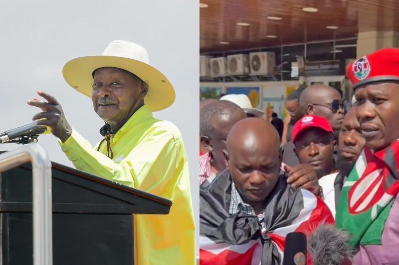 Collage photo of President Yoweri Museveni and activists Bob Njagi and Nicholas Oyoo.